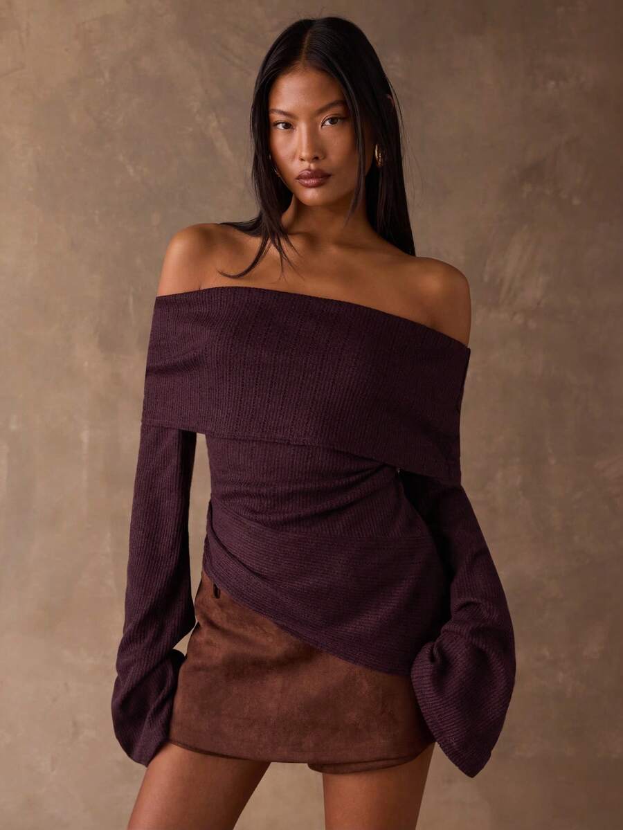 SHEIN BAE Women's Solid Color Minimalist Off Shoulder Long Sleeve Top, Everyday Wear - Maroon - View 1