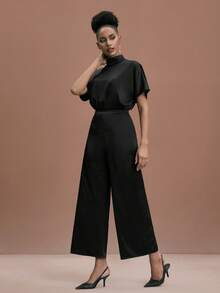 JIAN LASALA Mock Neck Batwing Sleeves Wide Leg Open Back Black Satin Jumpsuit Women Elegant Party Christmas Flare Jumpsuit Black Jumpsuit For Women Wide Leg Jumpsuit Curve Jumpsuit Elegant Jumpsuits - Black - View 5
