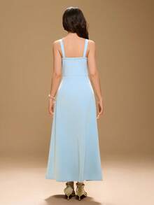 Teen Girl Elegant Minimalist Fashion Sleeveless High Waist Long Solid Color Textured Fabric Blue Maxi Dress With Padded Floral Decor, Suitable For Graduation, Prom, Casual, Vacation - Blue - View 2