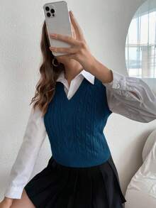 SHEIN 女士V领休闲针织背心，麻花图案，秋冬款 - 水鴨藍 - 查看 4