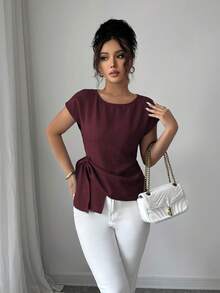 Selianne 休闲通勤百搭度假简约宽松圆领蝙蝠短袖不对称下摆设计柔软面料蓝色女式衬衫夏季上衣女士夏季服装夏季衬衫夏季服饰女士优雅上衣 - 酒紅色 - 查看 6