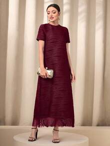 Modelyn Fringe Hem Solid Dress Maxi Women Outfit - Burgundy - View 1