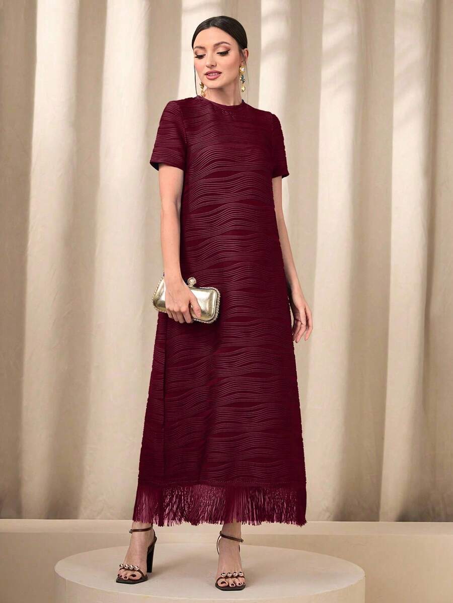 Modelyn Fringe Hem Solid Dress Maxi Women Outfit - Burgundy - View 1