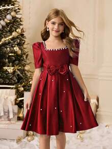 女童方领短袖花瓣袖腰部荷叶边串珠连衣裙 - 紅色 - 查看 5