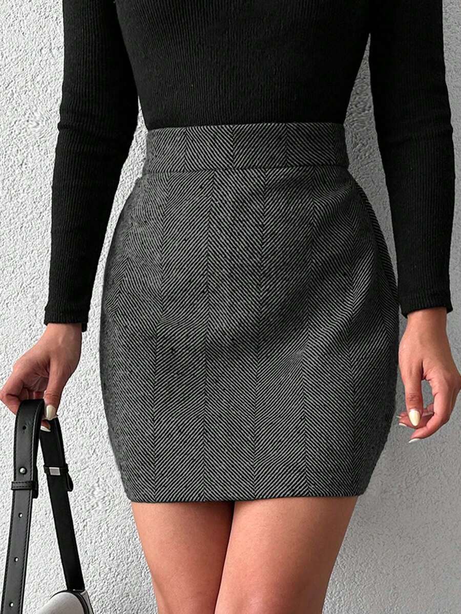 EURMUSE Women's High Waist Herringbone Elegant Bodycon Mini Skirt - Grey - View 1