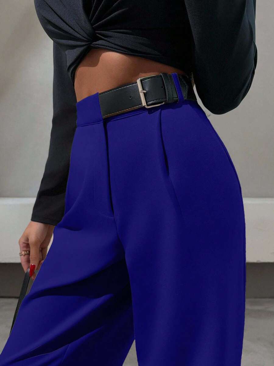 SHEIN Tall Quần ống đứng chi tiết thắt lưng giả da nửa thanh lịch - Xanh đậm - Xem 1