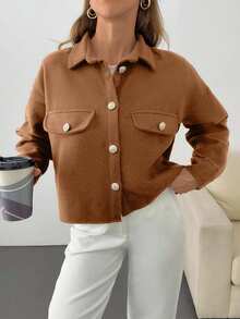 EURMUSE Solid Color, Gold Button Details, Coat - Camel - View 5