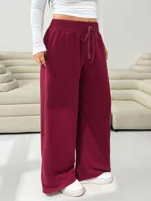 SHEIN EZwear 酒红色大码女式休闲口袋宽松裤，秋冬 - 酒紅色 - 查看 4