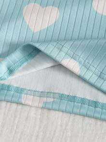 Girls' Snug Fit Pajama Set, Girls Big Kids Loungewear 2-Piece Set - Mint Green Heart Print Pajamas Ribbed Knit Long Sleeve Top Pants Combo Cute White Heart All-Over Print Design Round Neck Comfortable Fit Soft Knit Fabric Social Media Style Sweet Healing Spring Summer Autumn Holiday Essential Girls Home Set Two Piece Sleep Set Kids Pajama Set - Blue and White - View 4