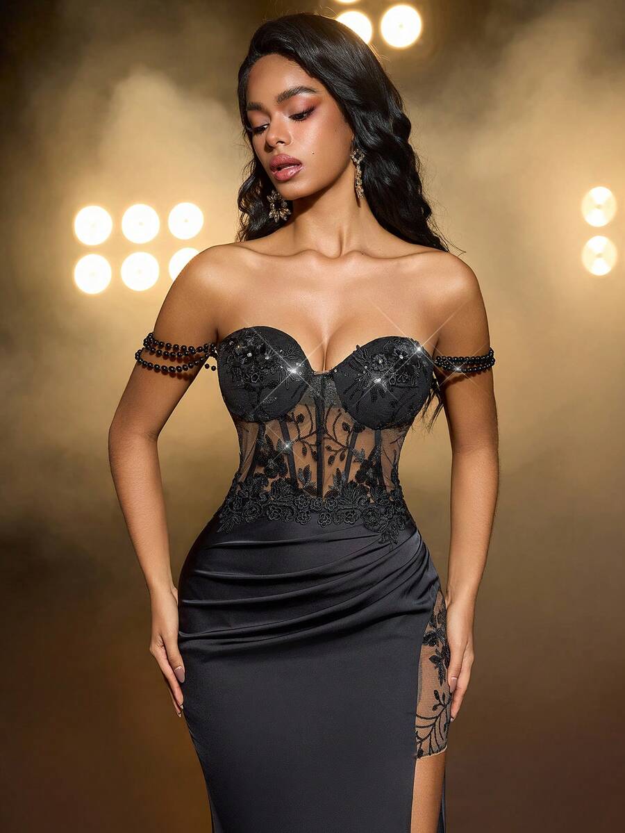 Glamrae 优雅奢华黑色亮片刺绣缎面拼接露肩亮片落肩袖鱼尾性感开衩拖尾长裙，女士正式晚礼服 - 黑色 - 查看 1