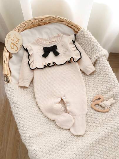 SHEIN Newborn Baby Sweater , Fashion Cute Knitted 3D Bow Round Neck Snap-Up Long Sleeve Ruffle Footed Romper, Soft & Comfortable, Suitable For Spring/Autumn, Daily Wear, Outings, Travel, Vacation, Home, Daycare, And Baby Play