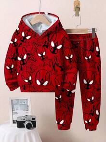 SHEIN 2pcs Set Young Boys Loose Casual Spooky Spider Web Print Mask Graphic Comfortable Hoodie Sweatshirt + Pants, Suitable For Autumn/Winter
