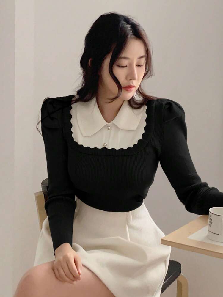 French Peter Pan Collar Base Layer Sweater For Women, 2 In 1 Puff Sleeve Pullover, Autumn/Winter