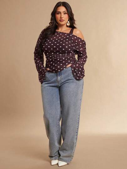SHEIN BAE Plus Size Women Brown Asymmetric Asymmetrical Shoulder Long Sleeve Top, 2 In 1 Brown Polka Dot Blouse,Christmas Clothes,New Year Outfit ,Elegant Party Top,Graduation Guest Shirt,Elegant