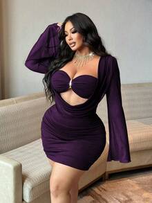 NU&NOW Plus Size Women's Bodycon Dress, Sexy Sheer Mesh Bell Sleeve Metal Buckle Party Dress, Summer Holiday Outfit - Purple - View 7