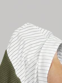 SHEIN MOD 军绿色针织拼接条纹衬衫，二合一上衣，返校季 - 軍綠色 - 查看 5