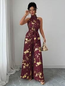 Elenzga Bộ đồ liền thân ống rộng không tay cổ bèo nhún thanh lịch lãng mạn chính xác dành cho nữ trong trang phục Halloween - Màu Đỏ Sâu - Xem 4