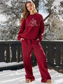 GLOWMODE Heavyweight Fleece Cozy Up Soft Plush Warm Graphic Crewneck Sweatshirt Holiday Christmas Autumn Winter Outdoors Daily Casual Wear - Rot - Übersicht 6