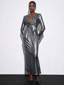 Aveloria Modichic Robe de soirée à la mode avec design torsadé col V, manches longues, style automne/hiver, style européen et américain - Argent - Voir 4