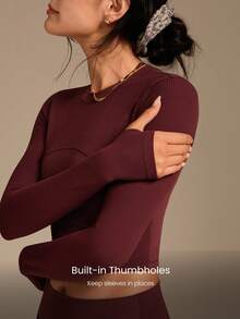 GLOWMODE FeatherFit™ 柔软弹力罗纹拼接长袖T恤，低冲击瑜伽普拉提工作室日常休闲穿着，可拆卸胸垫 - 酒紅色 - 查看 3