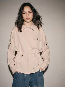 Lumivelle Women's Casual Urban Commuter Long Sleeve Shirt With Front Pocket, Adjustable Cinched Waist, Button Closure - Apricot - View 7