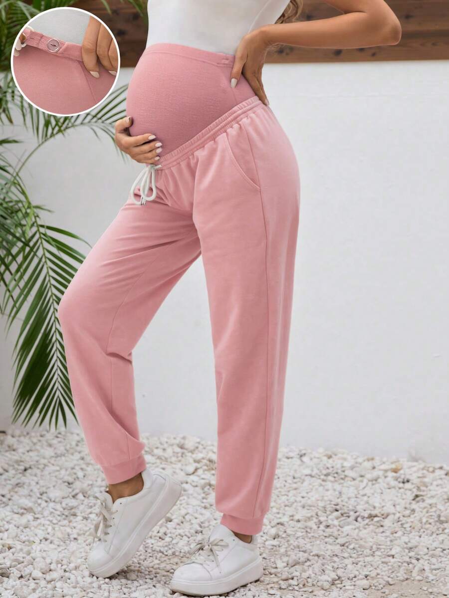 SHEIN 孕妇纯色休闲裤 - 粉色 - 查看 1