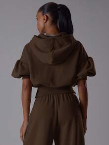 MUSERA Cropped Cinched Waist Short Balloon Sleeve Exposed Seam Detail Hooded Sweatshirt Co-Ord Top Only Classy Night Out Sexy Cute Cool-Girl Streetwear Dawn - Chocolate Brown - View 5