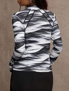 Dewbera Sporty Fashionable Water Wave Print Jacket, Functional Splicing, Slim Fit Stand Collar Thumb Hole Long Sleeve Top Zip Up Active Jacket - Black - View 4