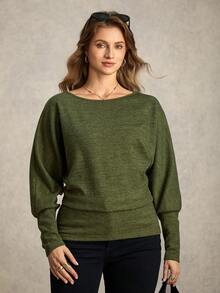 Zelara Plus Size Women Casual Round Neck Batwing Sleeve T-Shirt With Textured Fabric Long Sleeve Top Women Sweater New Year