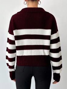 SHEIN Tall Striped Pattern Drop Shoulder Sweater, Tall Women - Burgundy - View 2