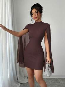 Elenzga Mini Bodycon Dress With Stand Collar Cape, Solid Color - Brown - View 8
