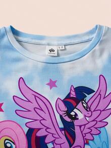 My Little Pony X SHEIN Tween Girl Y2K Blue Tie-Dye Cartoon Patterned Colorful Unicorn Print Long Sleeve T-Shirt, Suitable For Spring, Autumn And Winter Stich Clothes Kids Stitch Clothes Girls