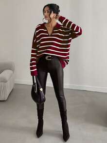EURMUSE Plus Size Casual Colorblock Striped Drop Shoulder Sweater, Autumn/Winter - Burgundy - View 3