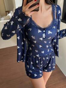 DAZY Bộ 3 áo cardigan và quần short in hình gấu dễ thương dành cho nữ - Màu xanh hải quân - Xem 3