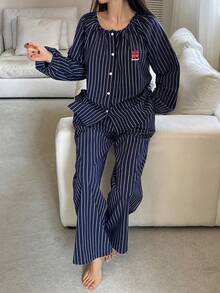 DAZY 条纹樱桃图案褶皱灯笼袖女士睡衣套装，冬季服装 - 藏蓝色 - 查看 5
