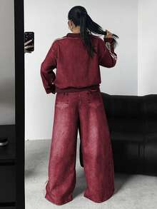 POPSWAY Chaqueta con cremallera de manga larga con estampado de mezclilla sintética + Pantalones rectos sueltos con estampado de mezclilla sintética, conjunto de 2 piezas elegante, retro, casual, para vacaciones y universidad, talla grande para otoño/invierno - Burdeos - Ver 2