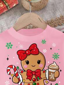 圣诞可爱卡通姜饼人、雪花、圣诞树、铃铛、拐杖糖、雪人费尔岛印花舒适加厚圆领长袖卫衣和打底裤套装，适合女宝宝秋冬季圣诞节穿着。 - 彩色 - 查看 4