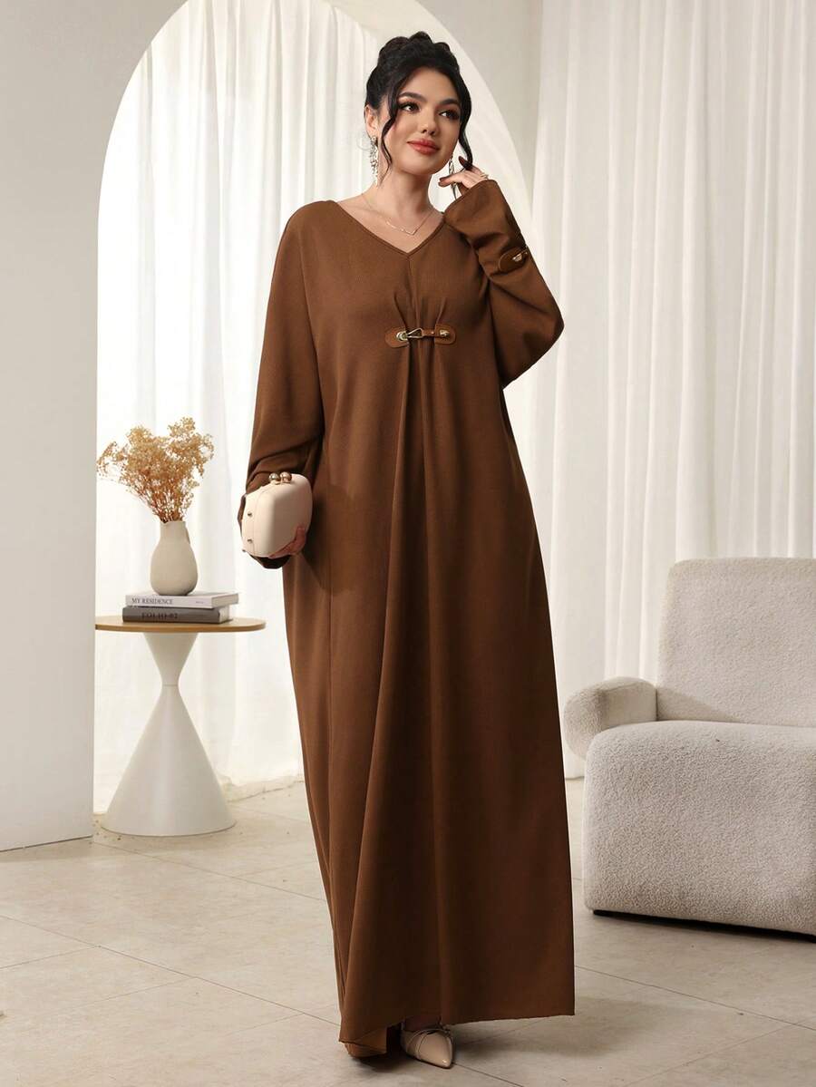 Al Najma 女士秋冬宽松舒适长款美拉德棕色阿拉伯风格连衣裙，带纽扣 - 巧克力棕 - 查看 1