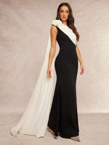 Silquee 新款时尚不对称肩连衣裙，优雅3D立体花卉设计连衣裙，高端缎带裹身斜肩连衣裙，适合模特走秀、浪漫约会、时尚通勤、婚礼派对等场合穿着。 - 黑與白 - 查看 7