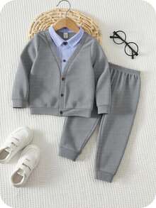SHEIN 男童针织拼接条纹领外套和裤子两件套 - 彩色 - 查看 8