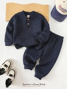 Cozy Pixies 2件套男婴纯色针织柔软圆领长袖半拉链套头卫衣和松紧腰裤套装 - 藏蓝色 - 查看 1