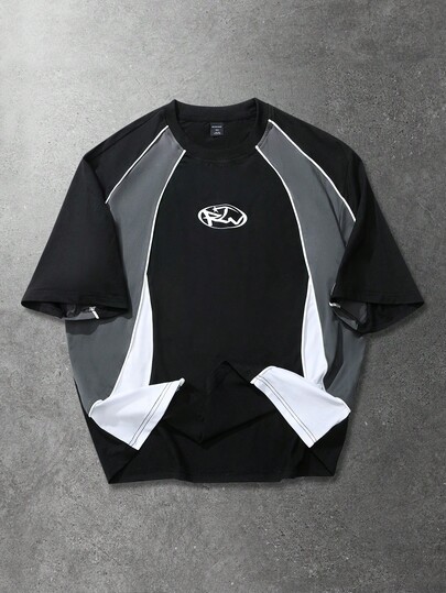 Street Life Men's Geometric Print Round Neck Short Sleeve Patchwork Sports T-Shirt