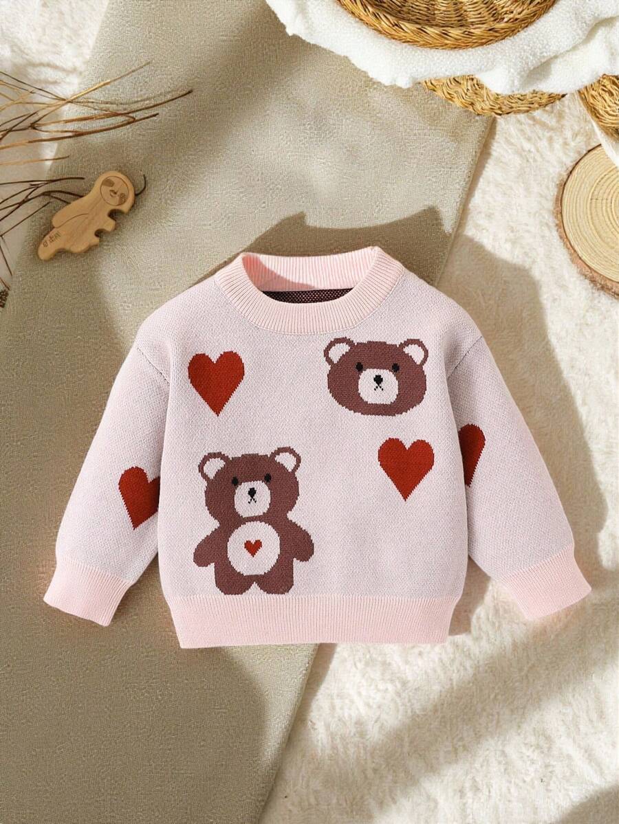 SHEIN Suéter de cuello redondo de manga larga tejido para bebés niños y niñas, cómodo para otoño/invierno, color camello versátil, con estampados de oso de caricatura y corazones en jacquard, lindo y de moda, adecuado para uso diario, salidas, viajes, escuela y fiestas - Multicolor - Ver 1