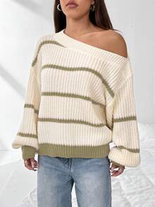 Flirla 性感露肩宽松黑白条纹女式毛衣 - 彩色 - 查看 3