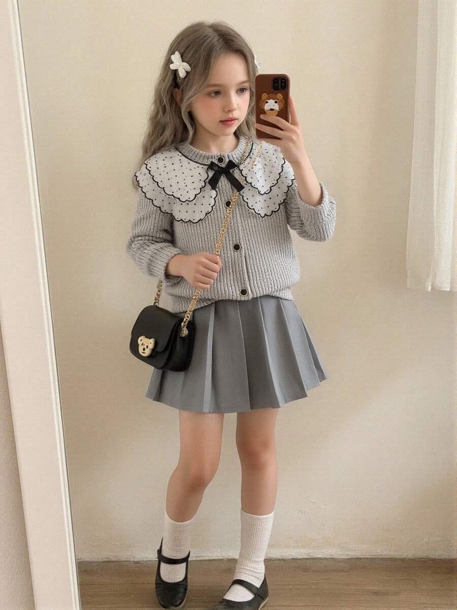 Genkimix Kids 两件套女童可爱波点网纱荷叶边领长袖外套，搭配蝴蝶结纽扣开衫和灰色百褶裙，舒适百搭，适合春季、秋季和开学季穿着，灰色开衫，秋冬季 - 灰色 - 查看 1