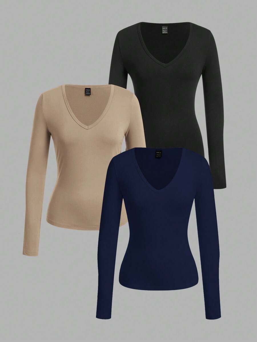 SHEIN EZwear 3 件套女士深 V 领修身休闲长袖 T 恤套装,秋冬 - 彩色 - 查看 1