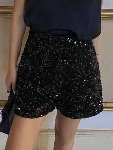 DAZY 女士时尚通勤亮片宽松短裤，新年嘉年华 - 黑色 - 查看 5