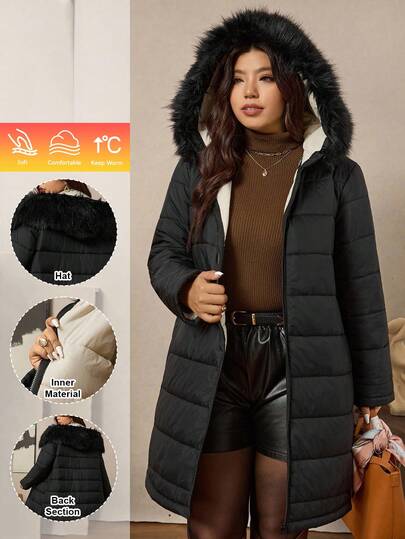 Zelara 加大码女式黑色双面连帽冬装长款棉质外套，适合秋冬季节穿着，加厚保暖。另有带毛领和帽子的长袖黑色杏色撞色绗缝外套，毛绒连帽，保暖舒适，拉链设计，复古风格，亮片点缀，适合秋冬季节穿着，防风防水，带口袋，是节日外套的理想之选。