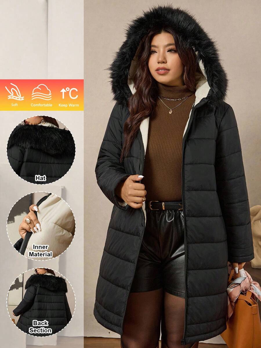 Zelara 加大码女式黑色双面连帽冬装长款棉质外套，适合秋冬季节穿着，加厚保暖。另有带毛领和帽子的长袖黑色杏色撞色绗缝外套，毛绒连帽，保暖舒适，拉链设计，复古风格，亮片点缀，适合秋冬季节穿着，防风防水，带口袋，是节日外套的理想之选。 - 黑色 - 查看 1