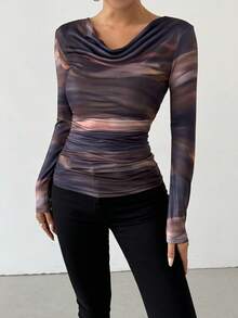 Chiquease Damen Batik-Muster geraffter Hals Langarm T-Shirt Grafik Oberteile Damen für Frühlings-Outfit Herbstkleidung für Frauen